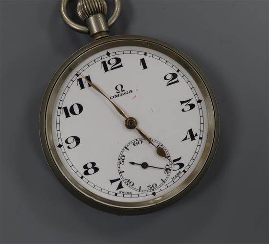 A nickel cased Omega open faced pocket watch.